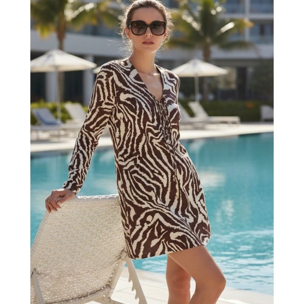 La Blanca S Fierce Lines Animal Lace-Up Long Sleeve Tunic Dress Sheer Cover-Up